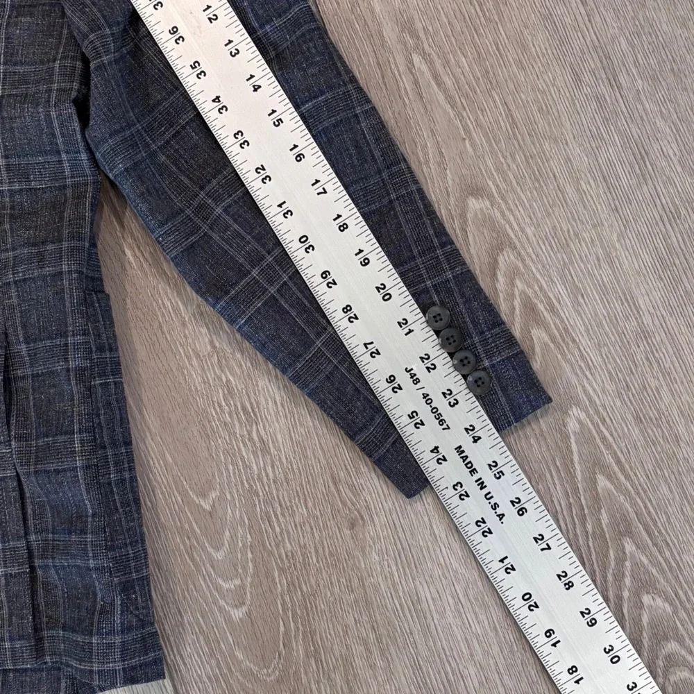 Nordstrom Blazer Mens 44S Blue Plaid Wool Linen Cotton Trim Fit Sport Coat